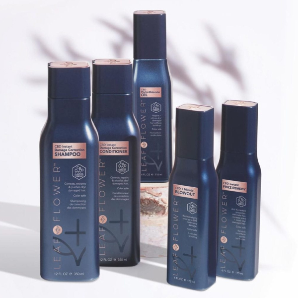 Leaf & Flower professional CBD hair care products for hydration, repair, and frizz control available at Avissa Salon in Ann Arbor, Michigan.