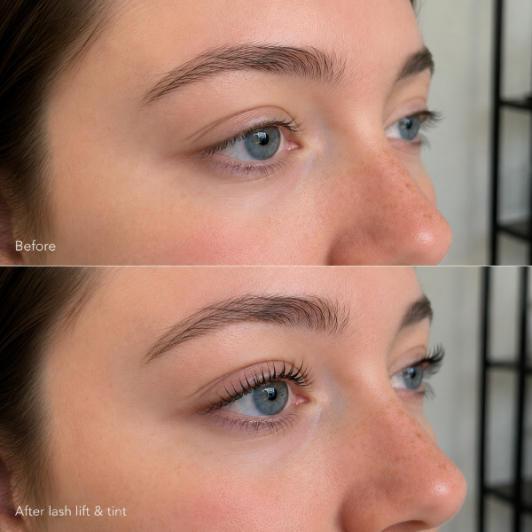 This image features a professional lash lift and lash tint performed at Avissa Salon in Ann Arbor. The lash lift enhances the natural curl and shape of the lashes, while the tint darkens lighter lashes to create greater definition and a naturally fuller appearance. Together, these treatments provide beautifully lifted, darker lashes that often eliminate the need for mascara. Every service is customized to the guest's natural lashes, creating elegant, long-lasting results that enhance their natural beauty with minimal maintenance.