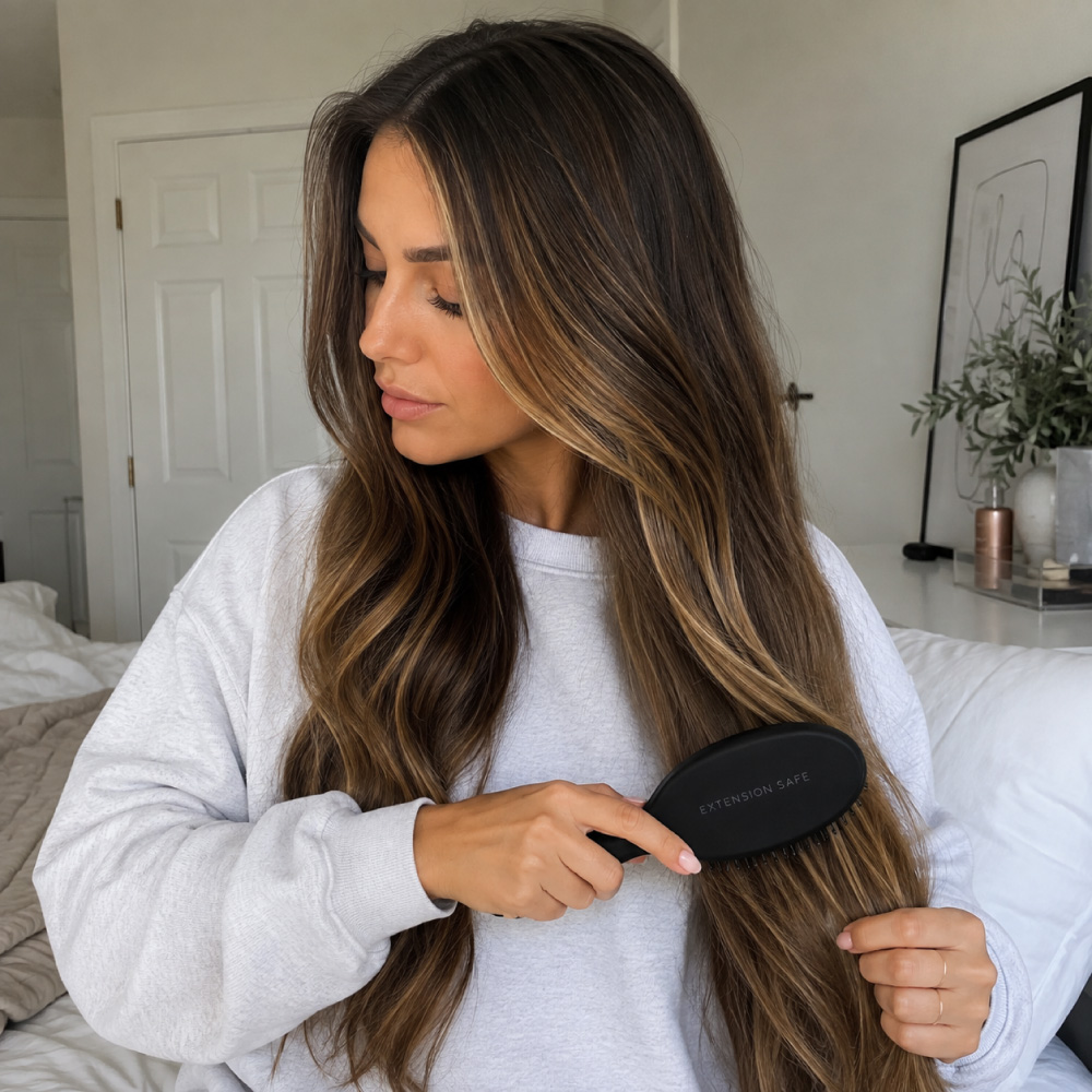 Gentle-At-Home-Hair-Extension-Brushing-&-Care A client gently brushes her long, blended hair extensions at home using an extension-safe brush. Careful brushing from the ends upward helps minimize tangling and unnecessary tension while keeping extensions smooth, manageable, and beautifully blended between professional maintenance appointments.
