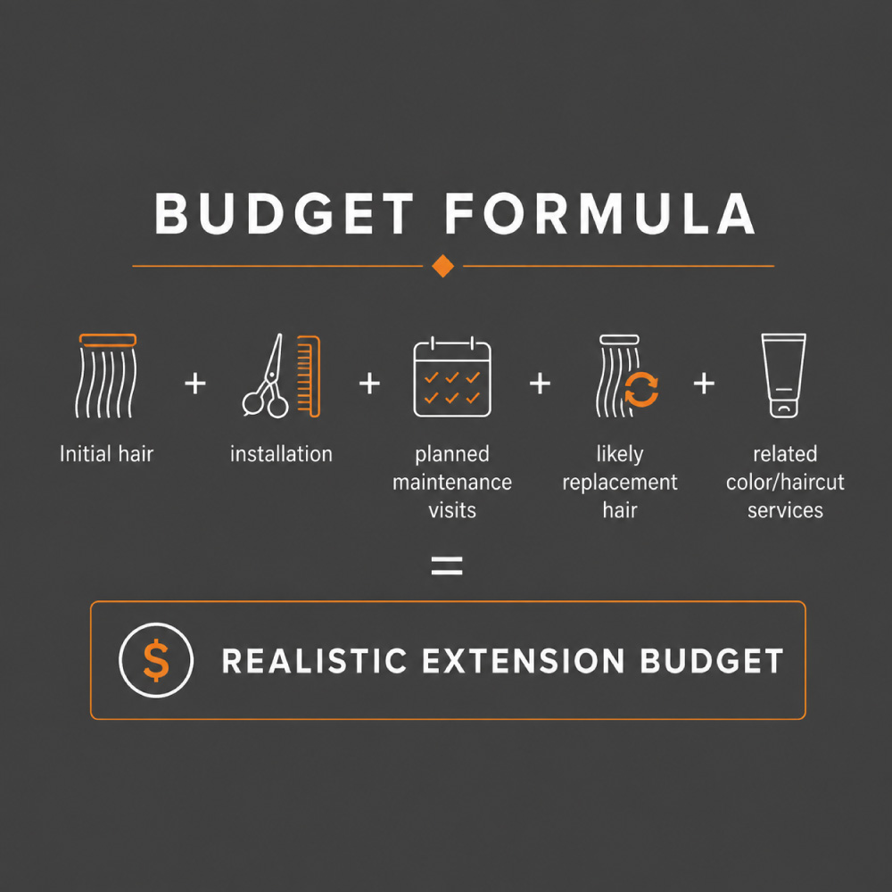 Hair-Extension-Budget-Formula A simple visual formula for estimating the true cost of hair extensions by accounting for the initial extension hair, installation, planned maintenance appointments, likely replacement hair, and related color or haircut services. Together, these factors provide a more realistic picture of the overall hair extension investment.
