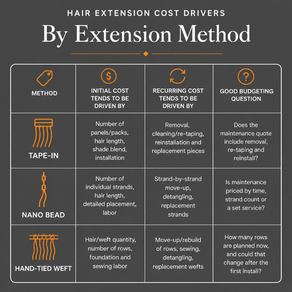Hair-Extension-Cost-Drivers-by-Extension-Method Hair extension cost comparison infographic for Tape-In, Nano Bead, and Hand-Tied Weft extensions, showing initial cost factors, recurring maintenance costs, and budgeting questions for each method.