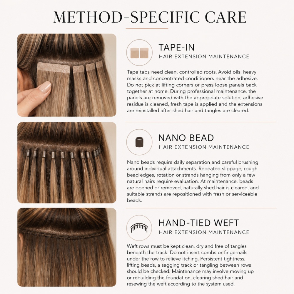 Hair-Extension-Method-Specific-Care-&-Maintenance A visual guide to method-specific maintenance for Tape-In, Nano Bead, and Hand-Tied Weft hair extensions. Learn how each attachment method requires different professional maintenance and at-home care to help protect the natural hair, prevent tangling or slippage, and keep extensions secure, comfortable, and beautifully blended.