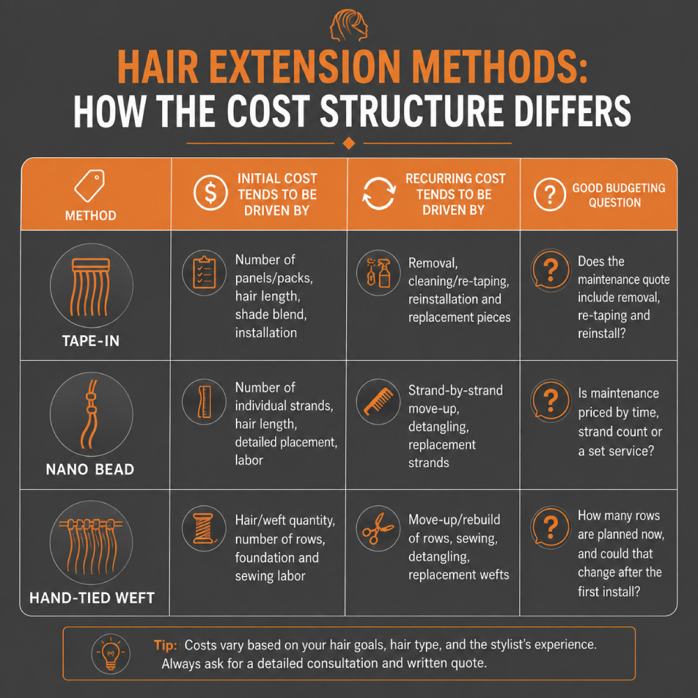 Hair-Extension-Methods--How-the-Cost-Structure-Differs An easy-to-read infographic comparing the factors that influence initial and recurring costs for Tape-In, Nano Bead, and Hand-Tied Weft hair extensions, including hair quantity, installation, maintenance, reinstallation, replacement, and important budgeting questions to discuss during a consultation.