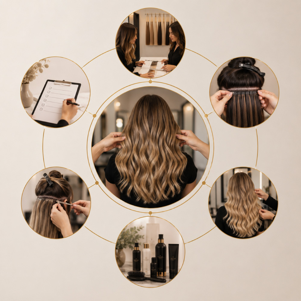 How-We-Approach-Hair-Extension-Pricing-at-Avissa-Salon A visual representation of Avissa Salon’s personalized approach to hair extension pricing, considering consultation, extension method, hair quantity and color selection, customized installation, blending, maintenance, and professional home-care recommendations.