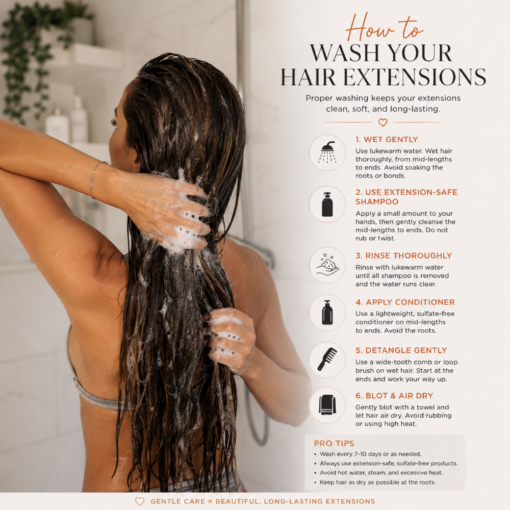 How-to-Wash-Your-Hair-Extensions-at-Home A practical guide to washing hair extensions safely at home, featuring gentle cleansing, proper conditioning, careful detangling, and drying techniques. Following an extension-safe wash routine helps protect the attachment areas, minimize tangling, and keep extension hair soft, smooth, and beautiful between professional maintenance appointments.