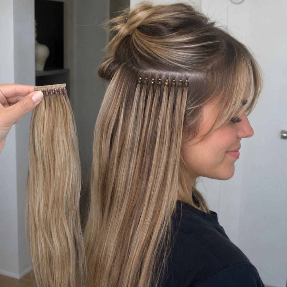 Nano-Bead-Hair-Extensions-at-Avissa-Salon-in-Ann-Arbor-Michigan-(10) Professional nano bead hair extension maintenance guide explaining appointment timing, individualized maintenance factors, and the steps involved in professionally maintaining nano bead extensions. The infographic covers releasing and cleansing the extensions, inspecting and repositioning the beads, reinstalling the extensions, and blending and styling the finished hair to help protect natural hair and maintain a comfortable, seamless result.