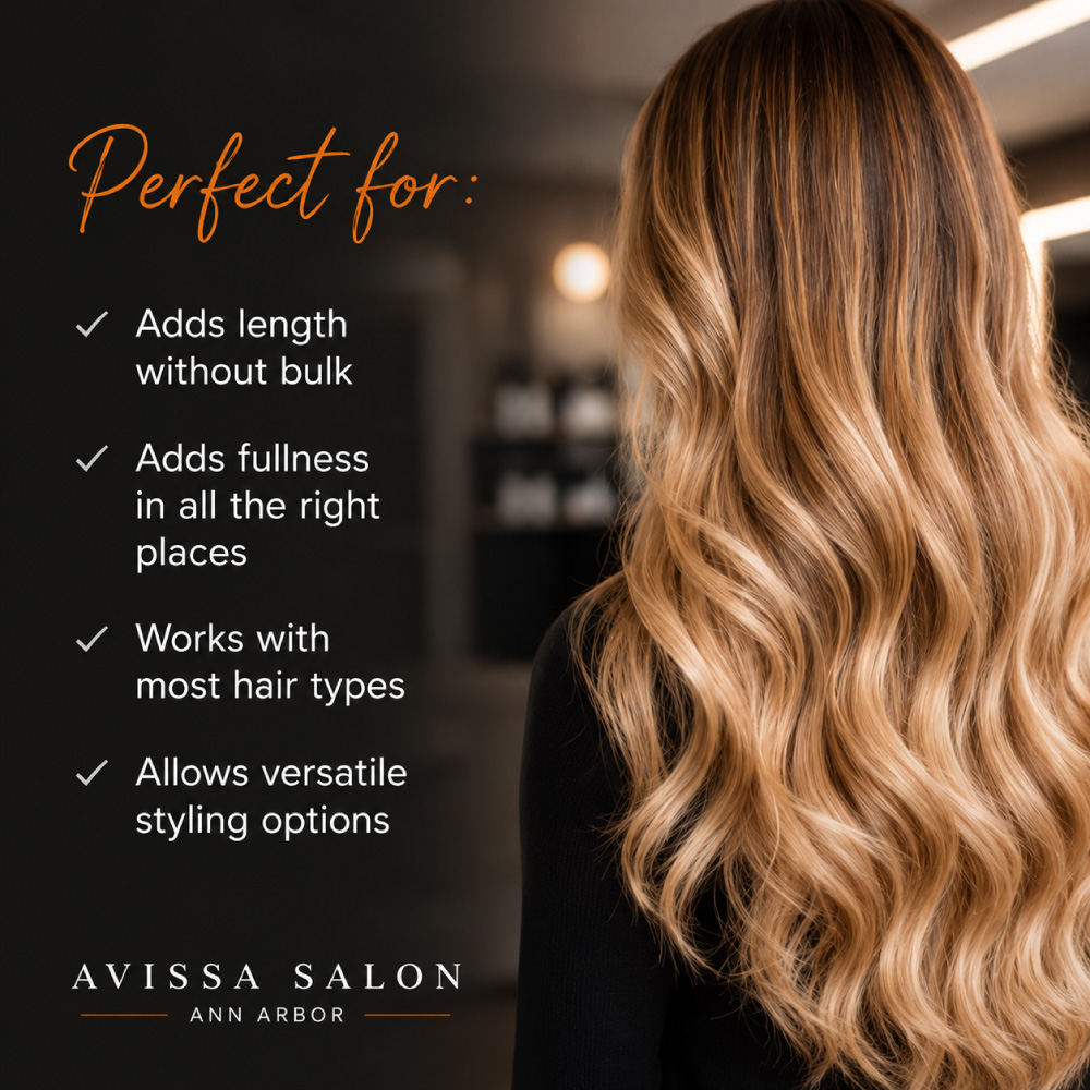 Nano-Bead-Hair-Extensions-at-Avissa-Salon-in-Ann-Arbor-Michigan-(5) Professional nano bead hair extension maintenance guide explaining appointment timing, individualized maintenance factors, and the steps involved in professionally maintaining nano bead extensions. The infographic covers releasing and cleansing the extensions, inspecting and repositioning the beads, reinstalling the extensions, and blending and styling the finished hair to help protect natural hair and maintain a comfortable, seamless result.