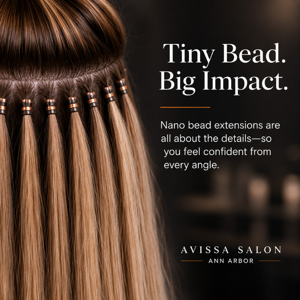Nano-Bead-Hair-Extensions-at-Avissa-Salon-in-Ann-Arbor-Michigan-(7) Professional nano bead hair extension maintenance guide explaining appointment timing, individualized maintenance factors, and the steps involved in professionally maintaining nano bead extensions. The infographic covers releasing and cleansing the extensions, inspecting and repositioning the beads, reinstalling the extensions, and blending and styling the finished hair to help protect natural hair and maintain a comfortable, seamless result.