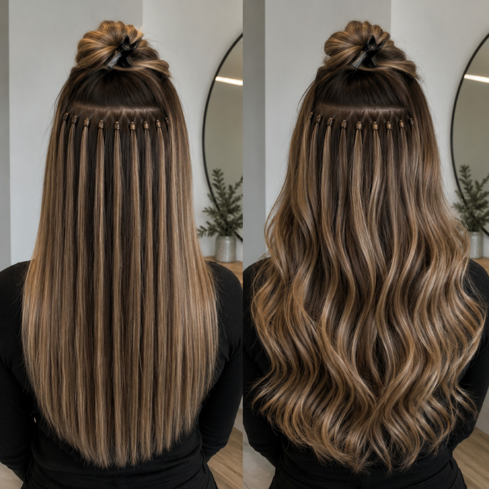Nano-Bead-Hair-Extensions-–-Professional-Placement-&-Blending Nano bead hair extensions showing individual strand placement and a finished layered, blended hairstyle.