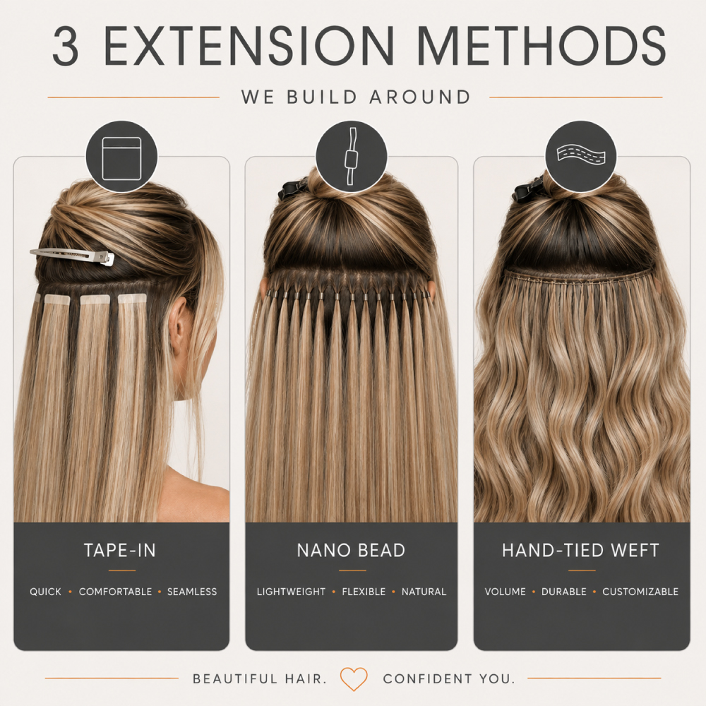 The-Hair-Extension-Methods-We-offer-at-Avissa-Salon-in-Ann-Arbor-Michigan A clean Avissa Salon infographic comparing the three professional hair extension methods we specialize in: Tape-In, Nano Bead, and Hand-Tied Weft extensions. Each method is shown with a close-up installation visual and its key characteristics—from the seamless comfort of tape-ins and lightweight flexibility of nano beads to the customizable volume of hand-tied wefts. Designed to help clients quickly understand how each extension method differs before choosing the best option for their hair, lifestyle, and desired result.