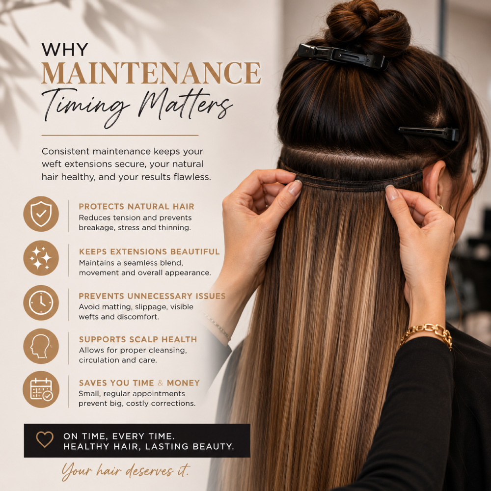 Why-Hair-Extension-Maintenance-Timing-Matters Professional weft hair extension maintenance showing a stylist working with a weft installation. Timely maintenance helps keep extensions secure and beautifully blended while supporting natural hair and scalp health, reducing matting, tension, slippage, and unnecessary correction.